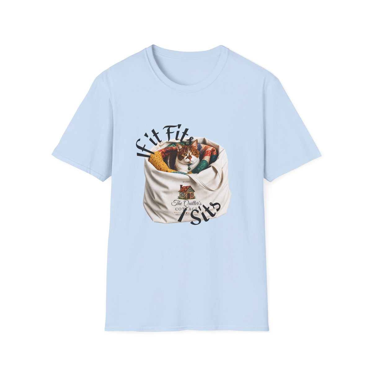 Cat Quilting Tee — "If it Fits I Sits" Graphic T-Shirt