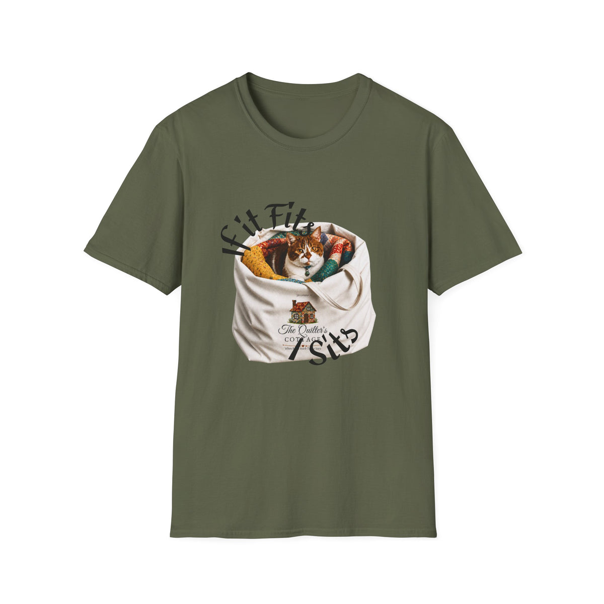Cat Quilting Tee — "If it Fits I Sits" Graphic T-Shirt