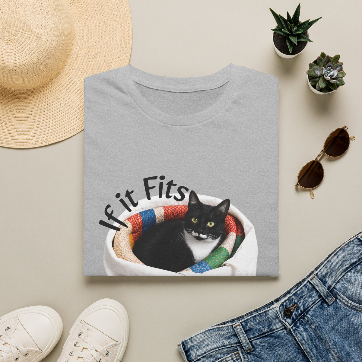 If It Fits I Sits Cat T-Shirt — Funny Black Cat in Basket Tee