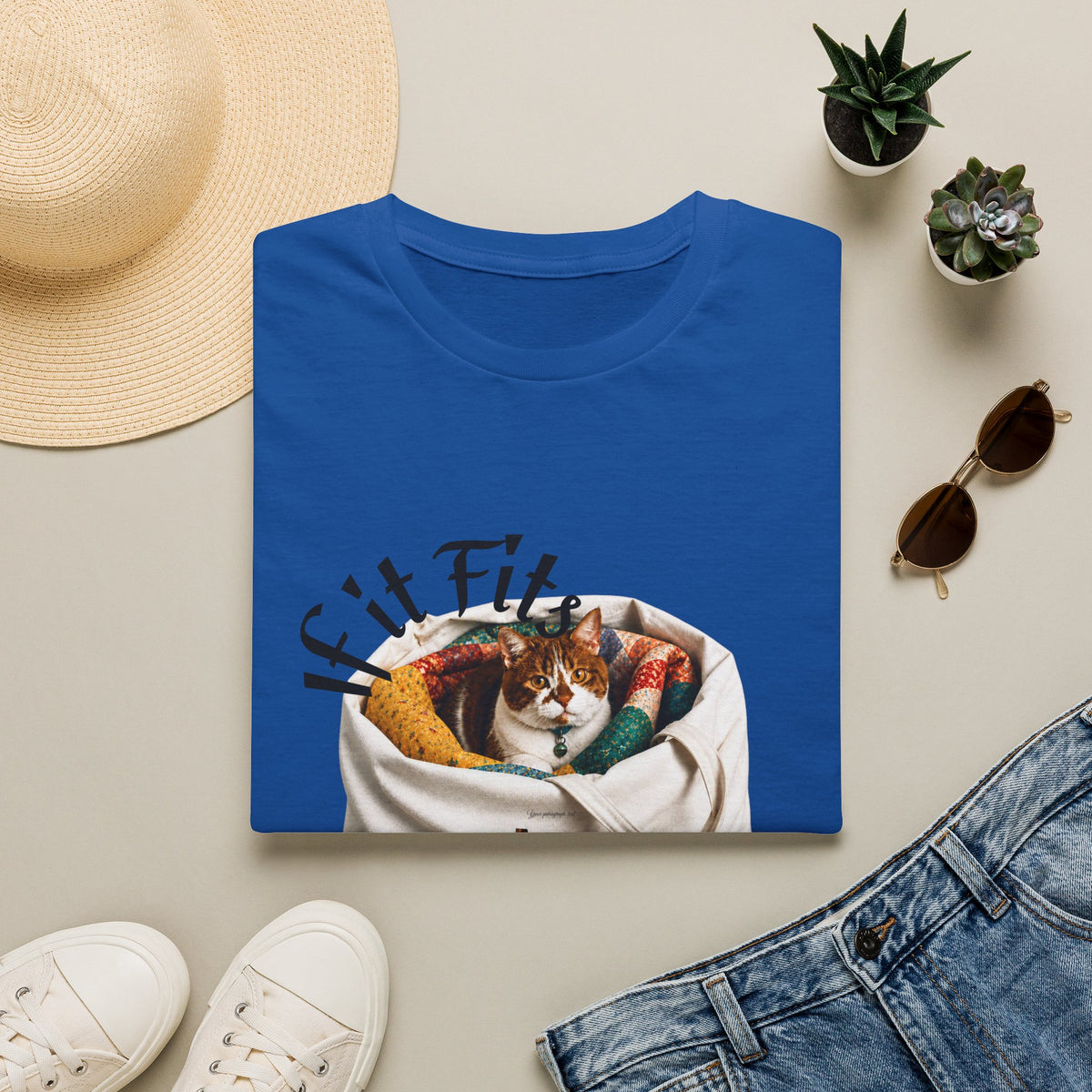 Cat Quilting Tee — "If it Fits I Sits" Graphic T-Shirt