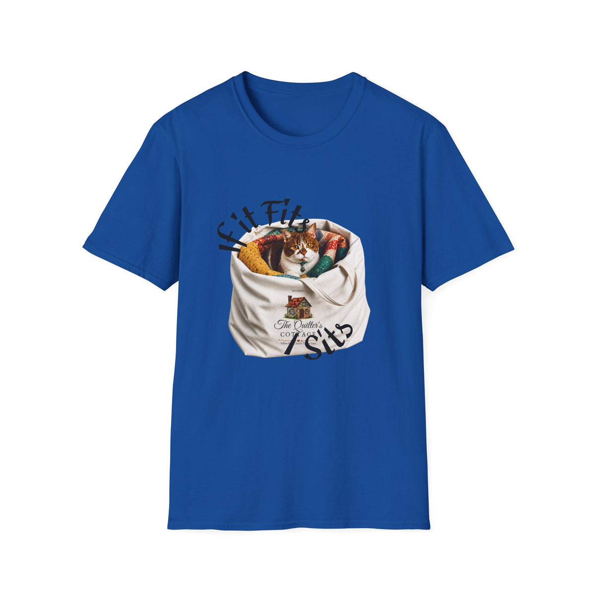 Cat Quilting Tee — "If it Fits I Sits" Graphic T-Shirt