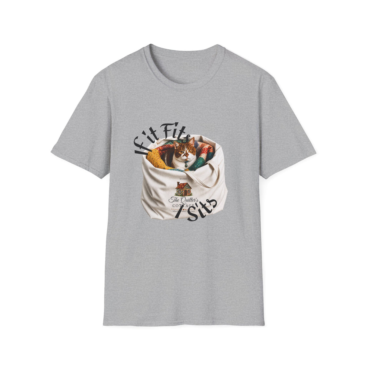 Cat Quilting Tee — "If it Fits I Sits" Graphic T-Shirt