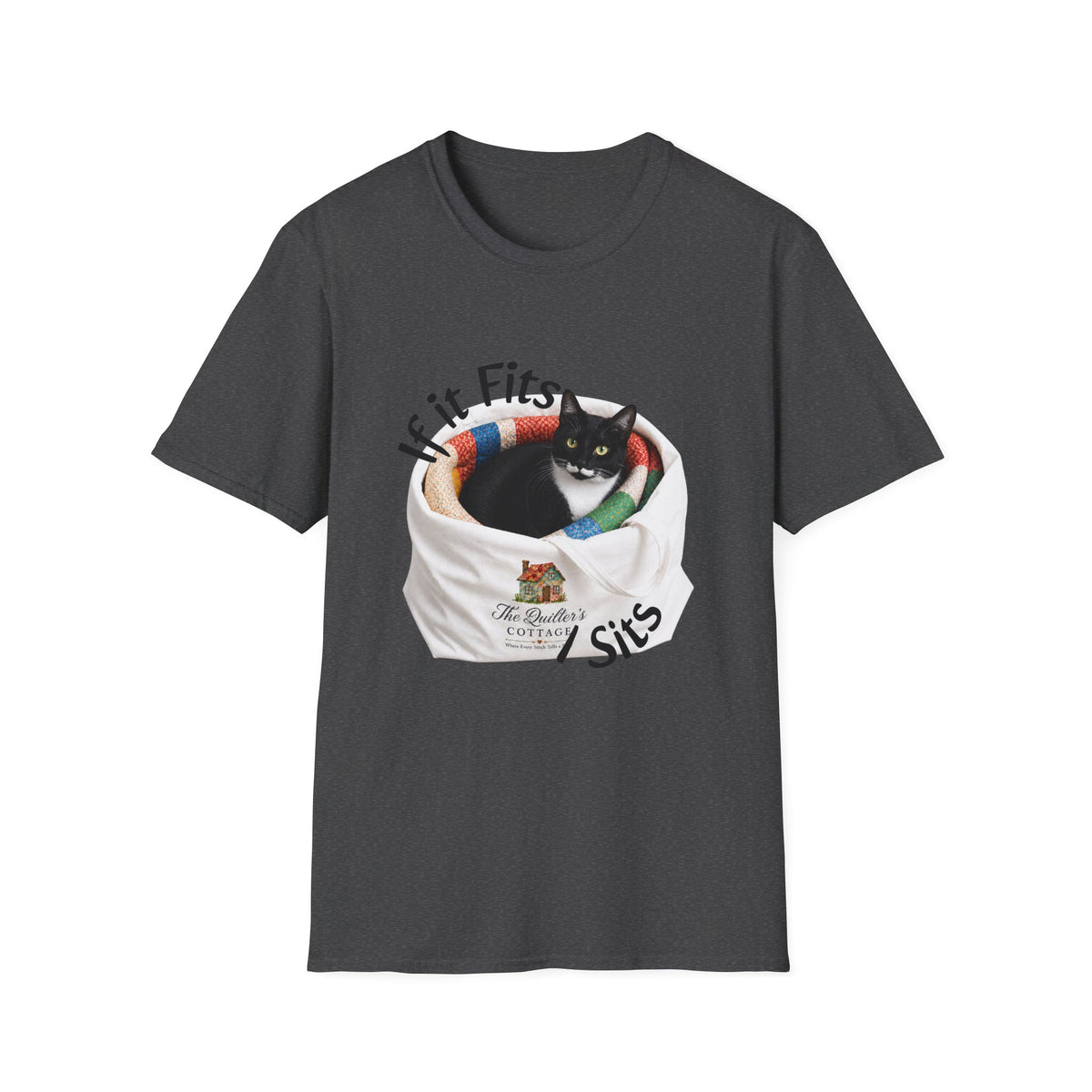 If It Fits I Sits Cat T-Shirt — Funny Black Cat in Basket Tee
