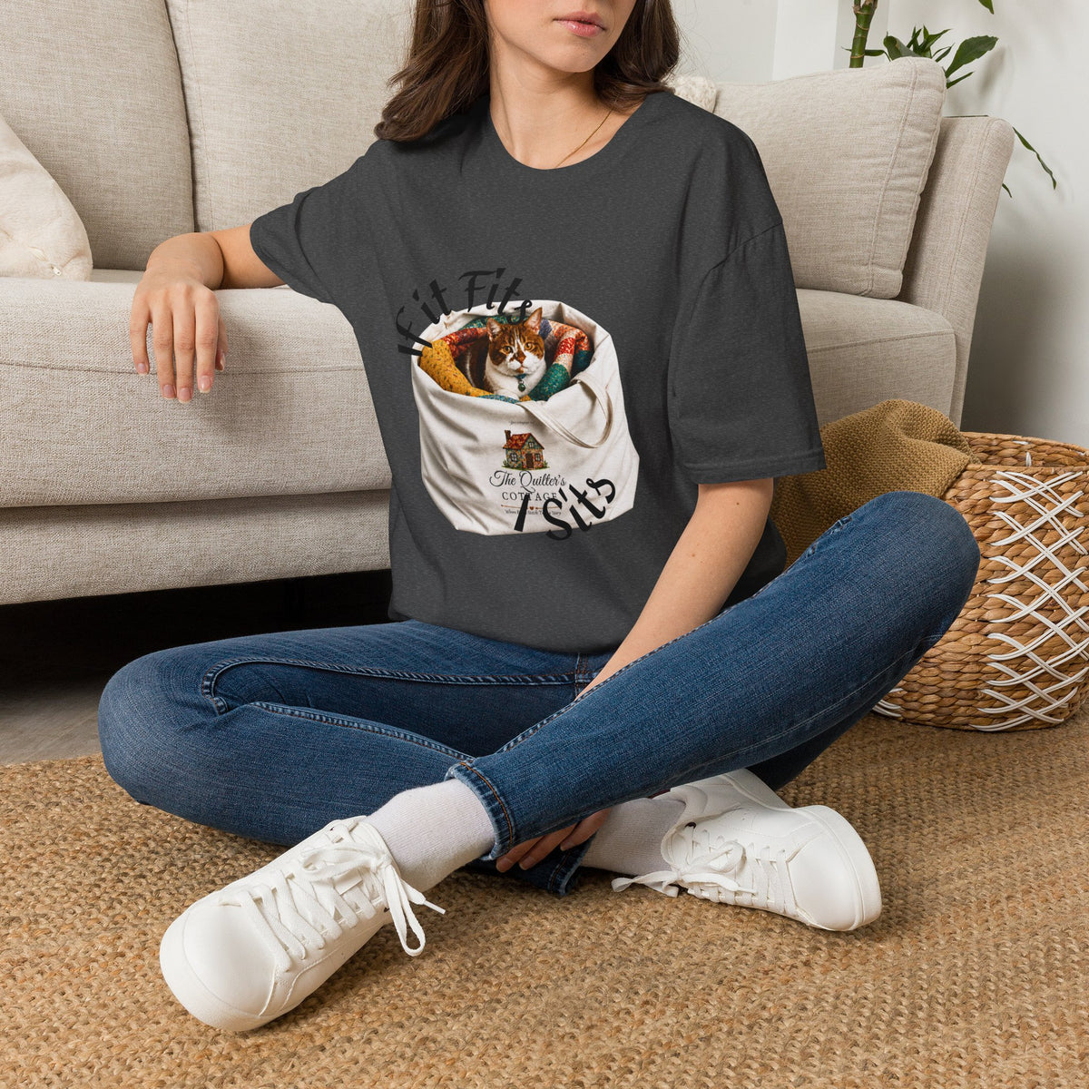 Cat Quilting Tee — "If it Fits I Sits" Graphic T-Shirt