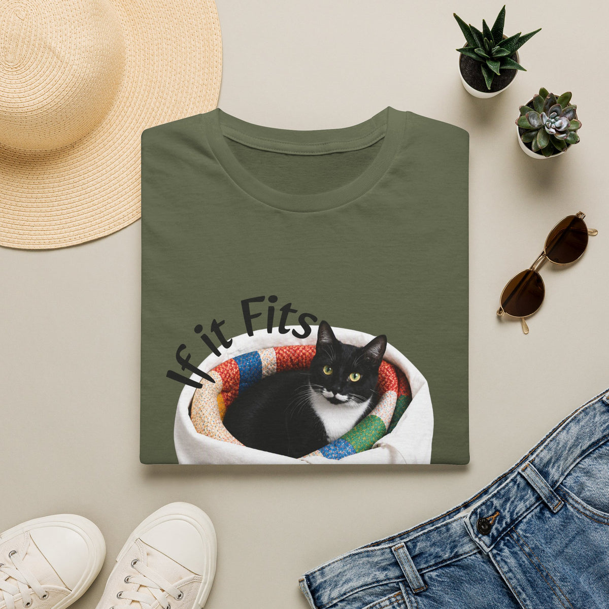 If It Fits I Sits Cat T-Shirt — Funny Black Cat in Basket Tee