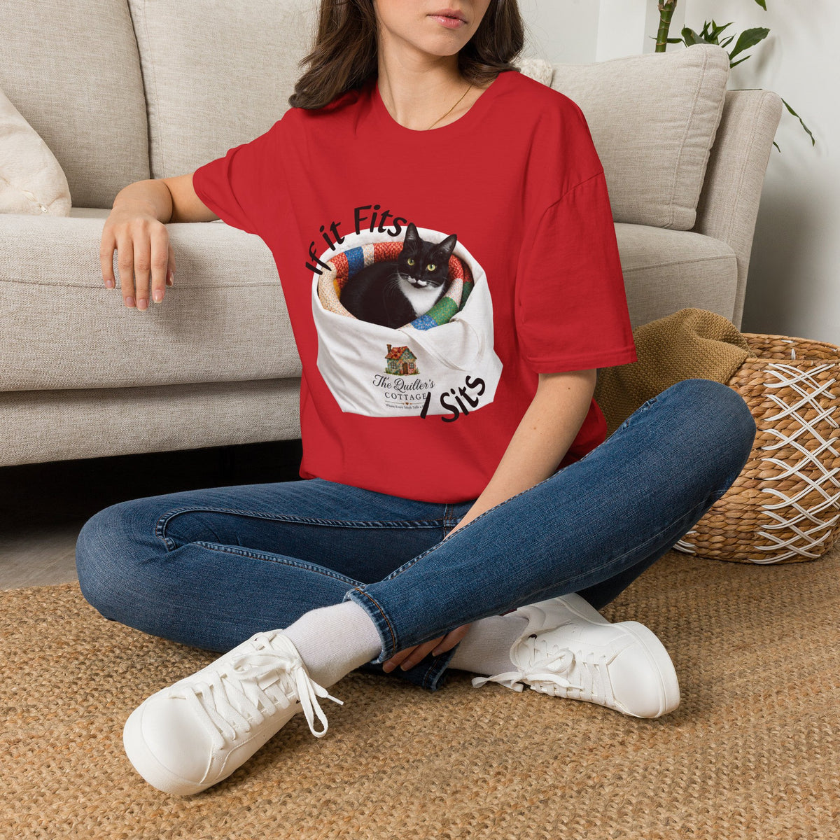 If It Fits I Sits Cat T-Shirt — Funny Black Cat in Basket Tee