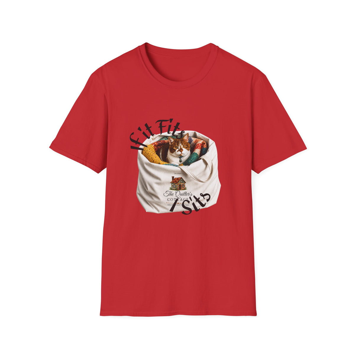 Cat Quilting Tee — "If it Fits I Sits" Graphic T-Shirt