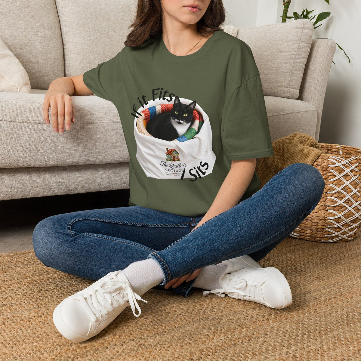 If It Fits I Sits Cat T-Shirt — Funny Black Cat in Basket Tee
