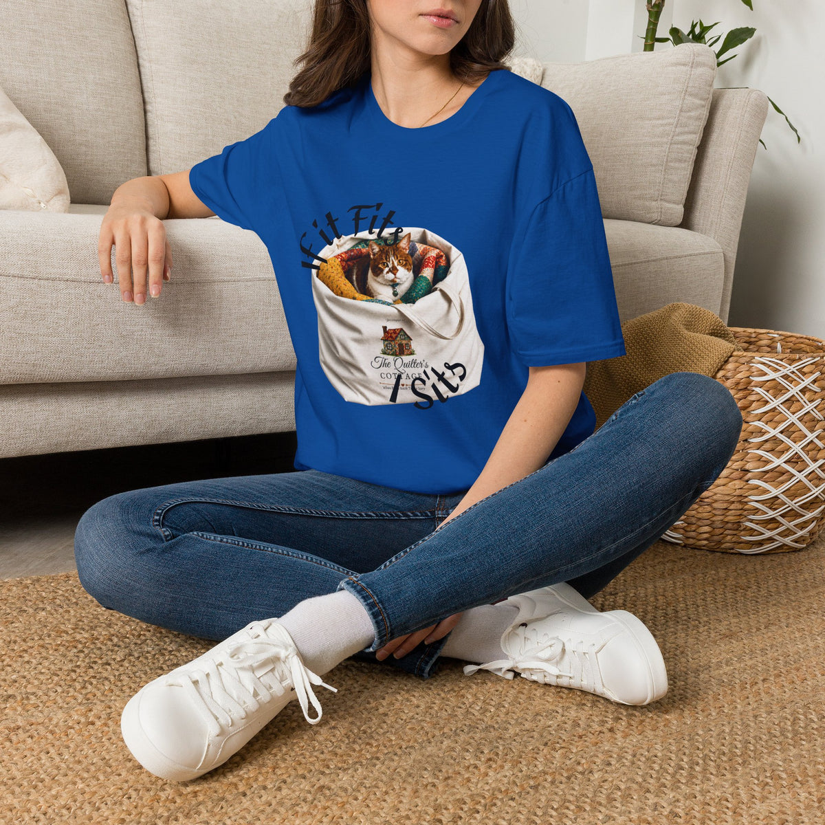 Cat Quilting Tee — "If it Fits I Sits" Graphic T-Shirt