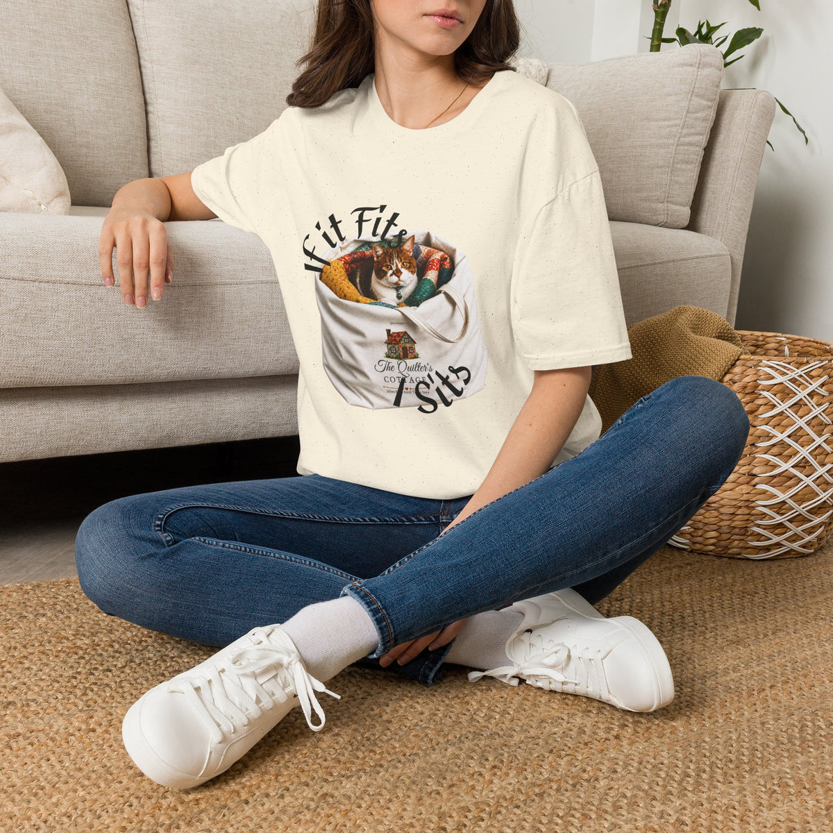 Cat Quilting Tee — "If it Fits I Sits" Graphic T-Shirt
