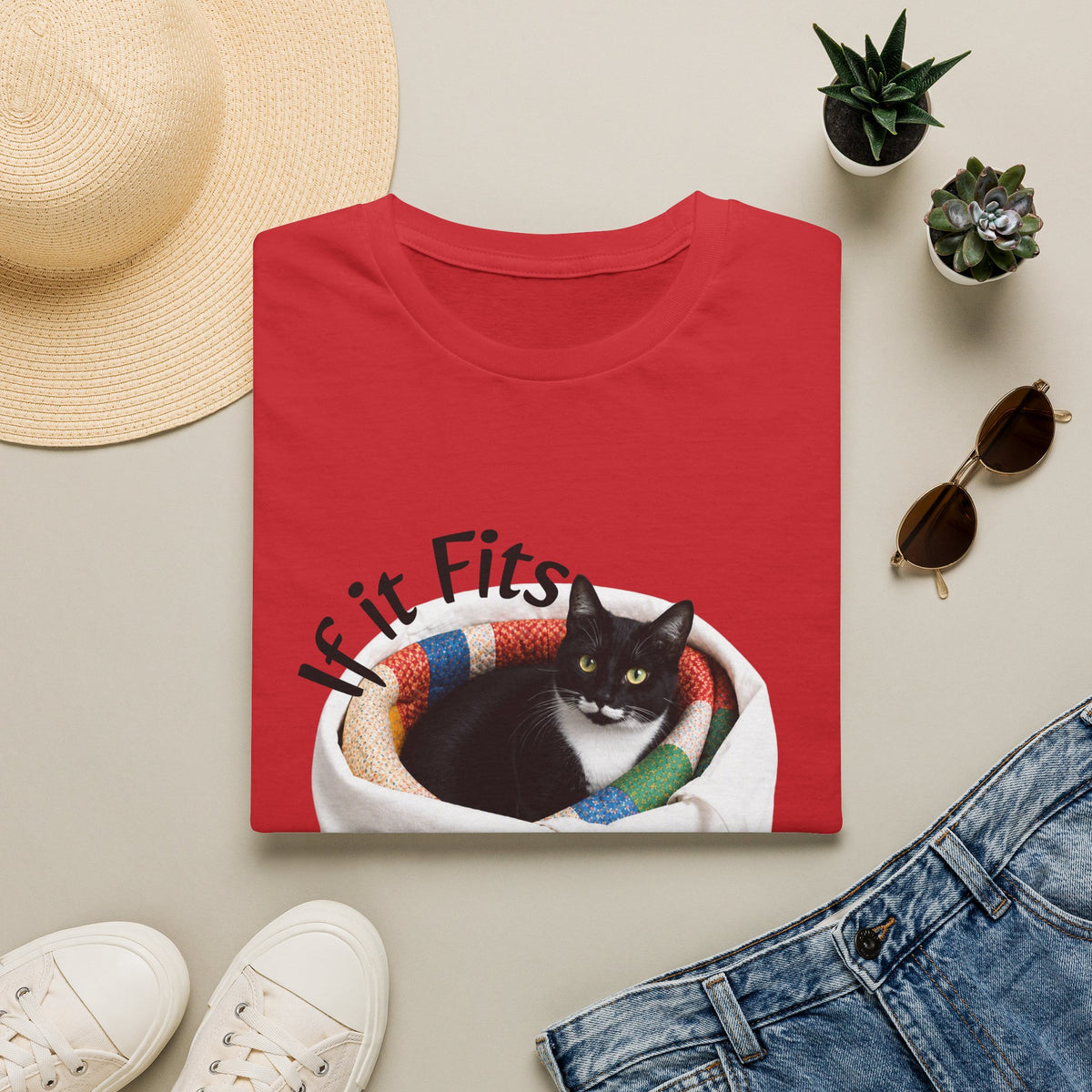 If It Fits I Sits Cat T-Shirt — Funny Black Cat in Basket Tee