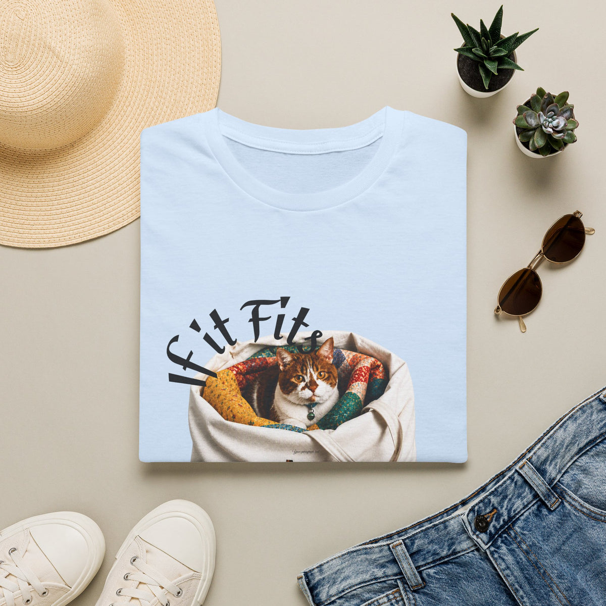 Cat Quilting Tee — "If it Fits I Sits" Graphic T-Shirt