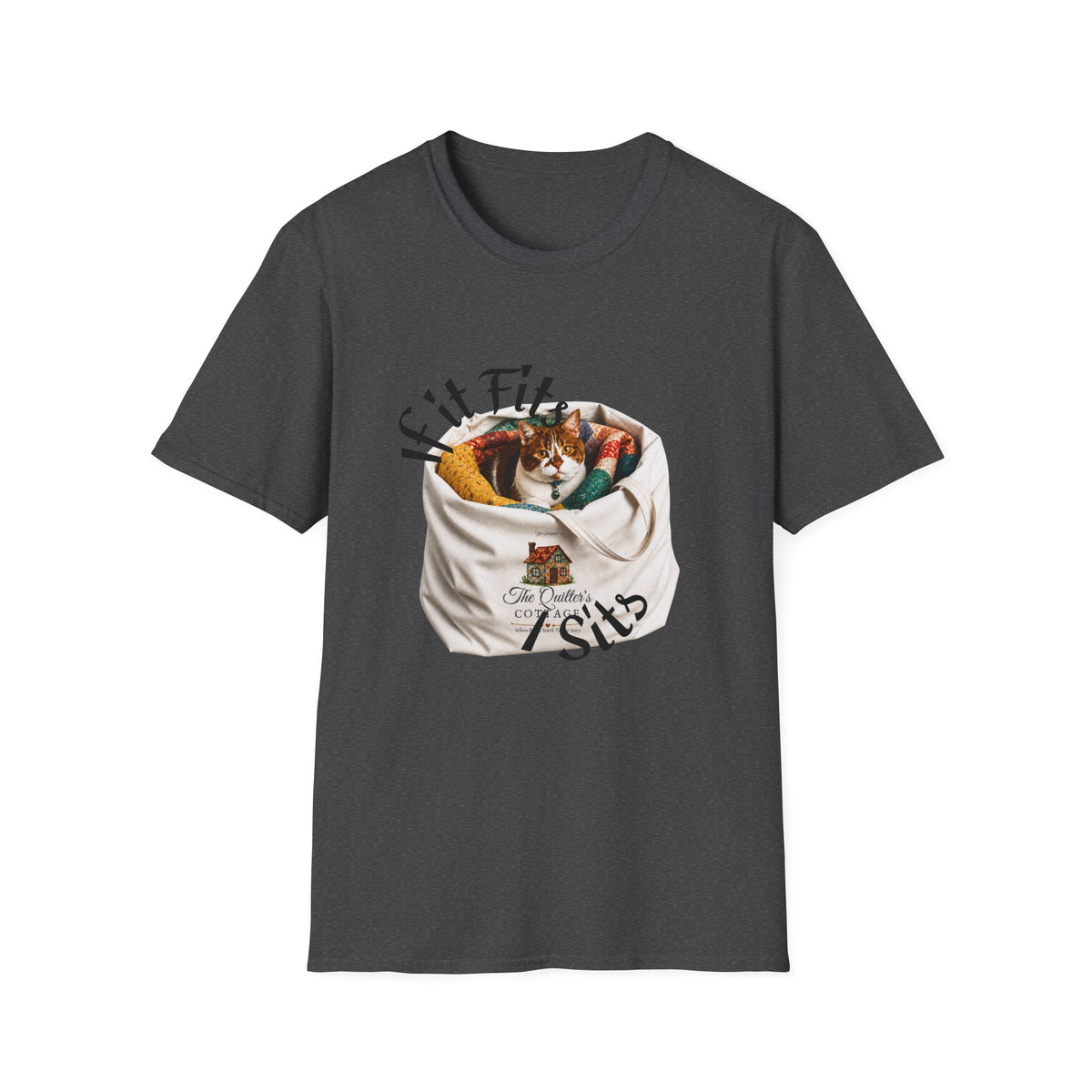 Cat Quilting Tee — "If it Fits I Sits" Graphic T-Shirt
