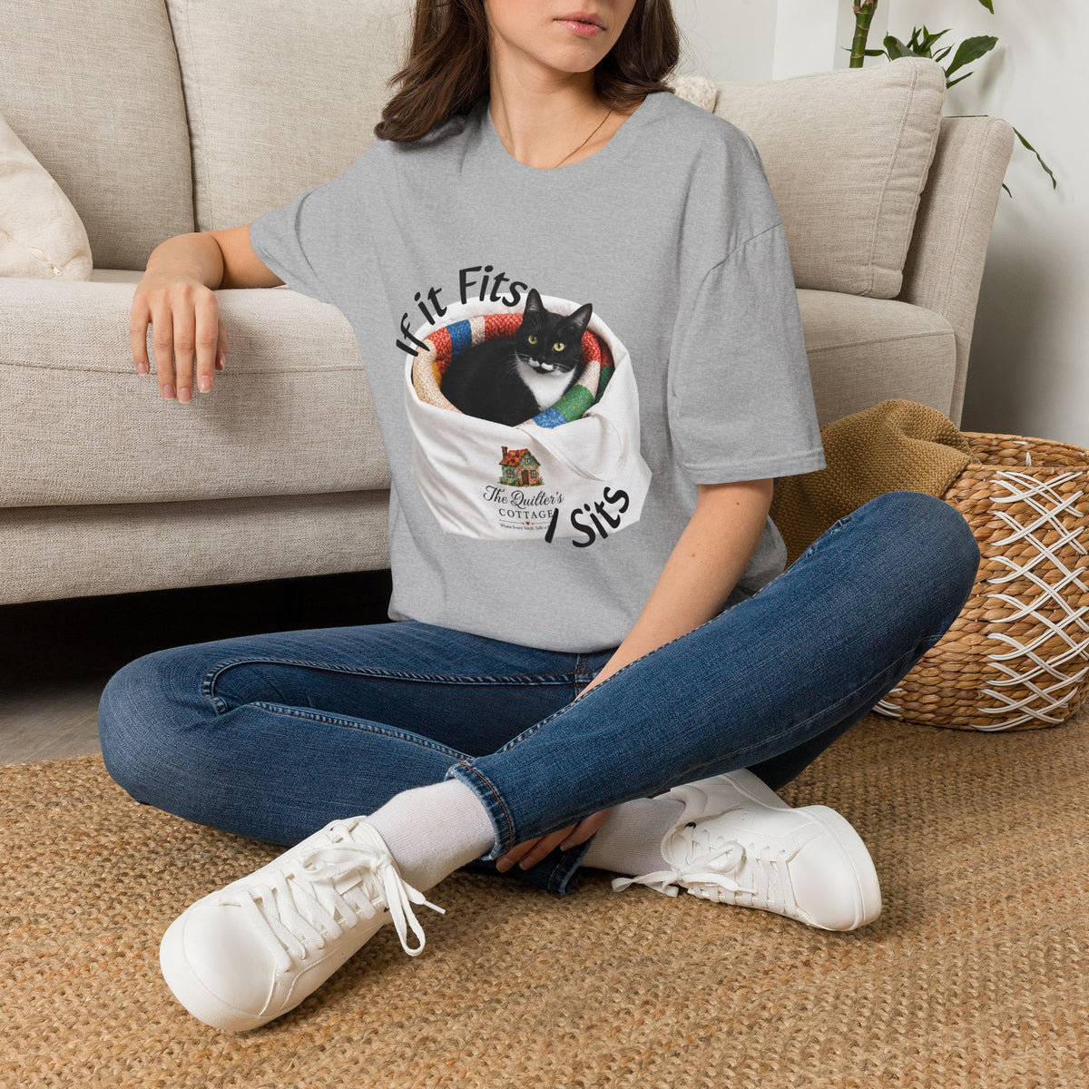 If It Fits I Sits Cat T-Shirt — Funny Black Cat in Basket Tee
