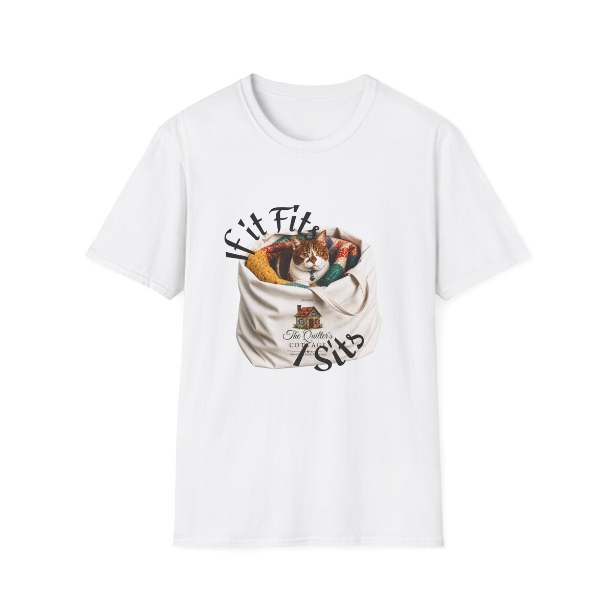 Cat Quilting Tee — "If it Fits I Sits" Graphic T-Shirt