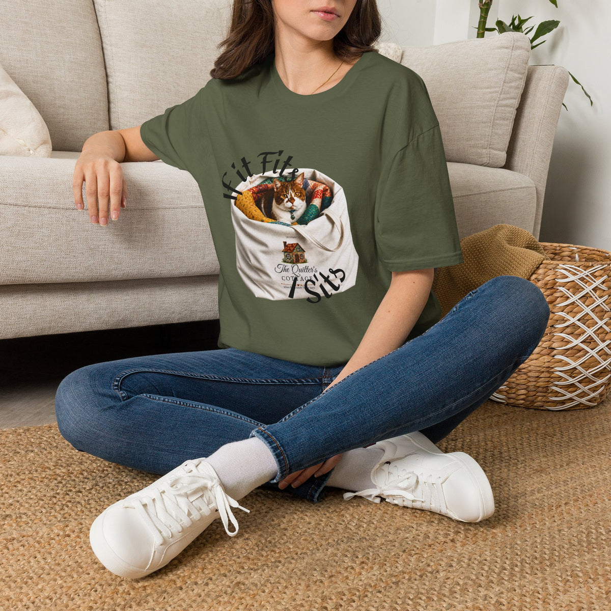 Cat Quilting Tee — "If it Fits I Sits" Graphic T-Shirt