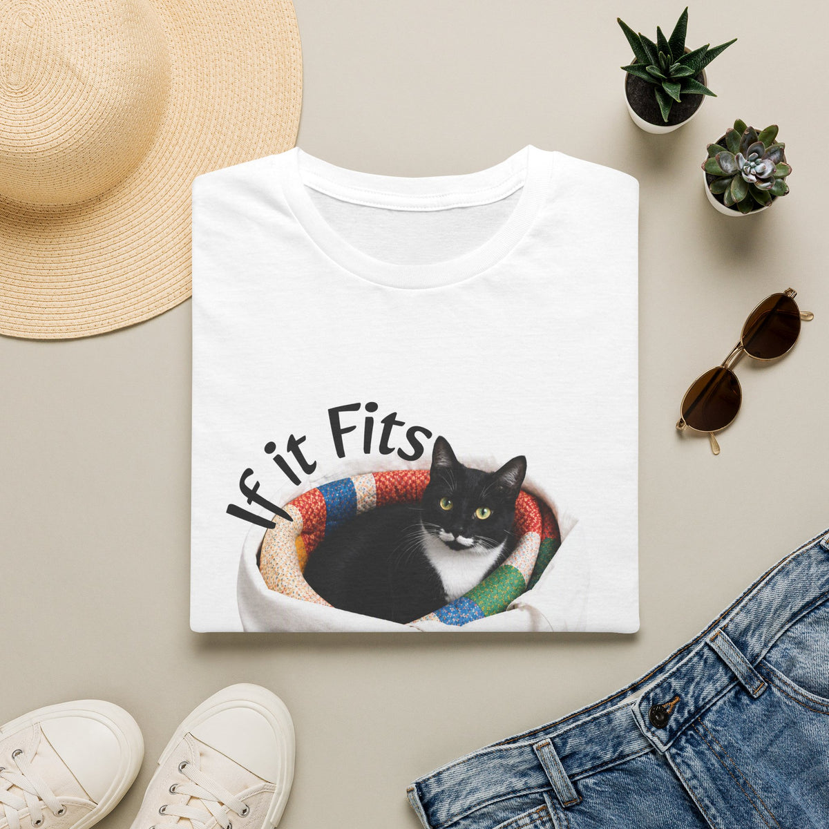 If It Fits I Sits Cat T-Shirt — Funny Black Cat in Basket Tee