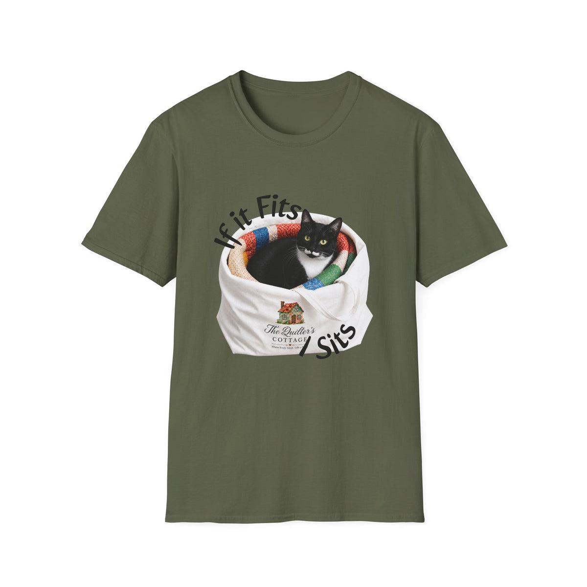If It Fits I Sits Cat T-Shirt — Funny Black Cat in Basket Tee