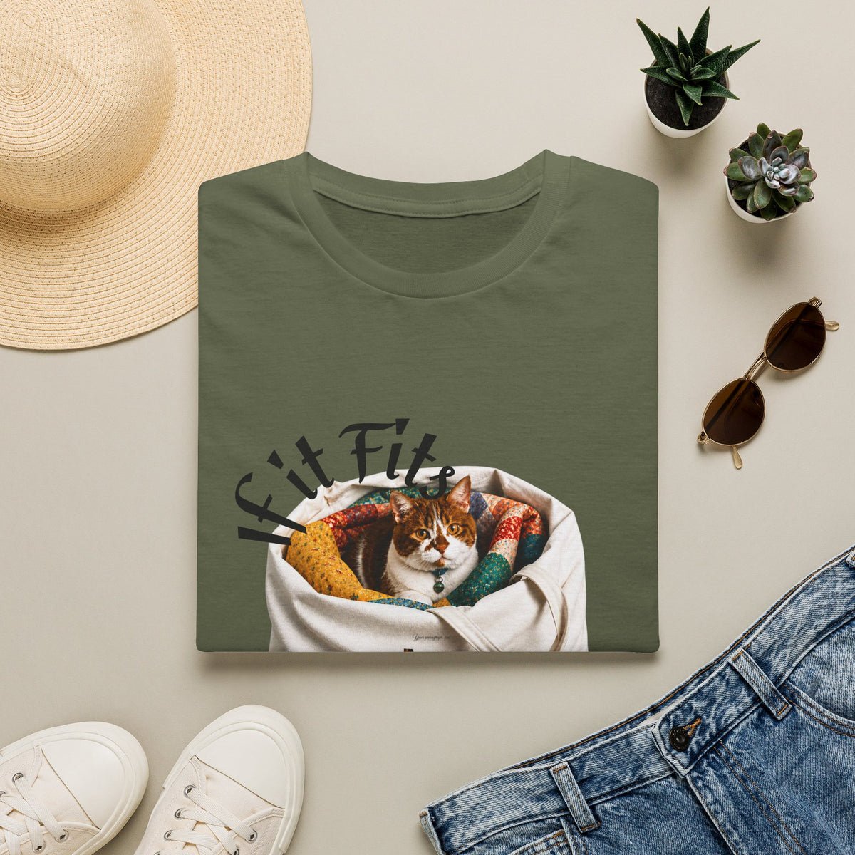 Cat Quilting Tee — "If it Fits I Sits" Graphic T-Shirt