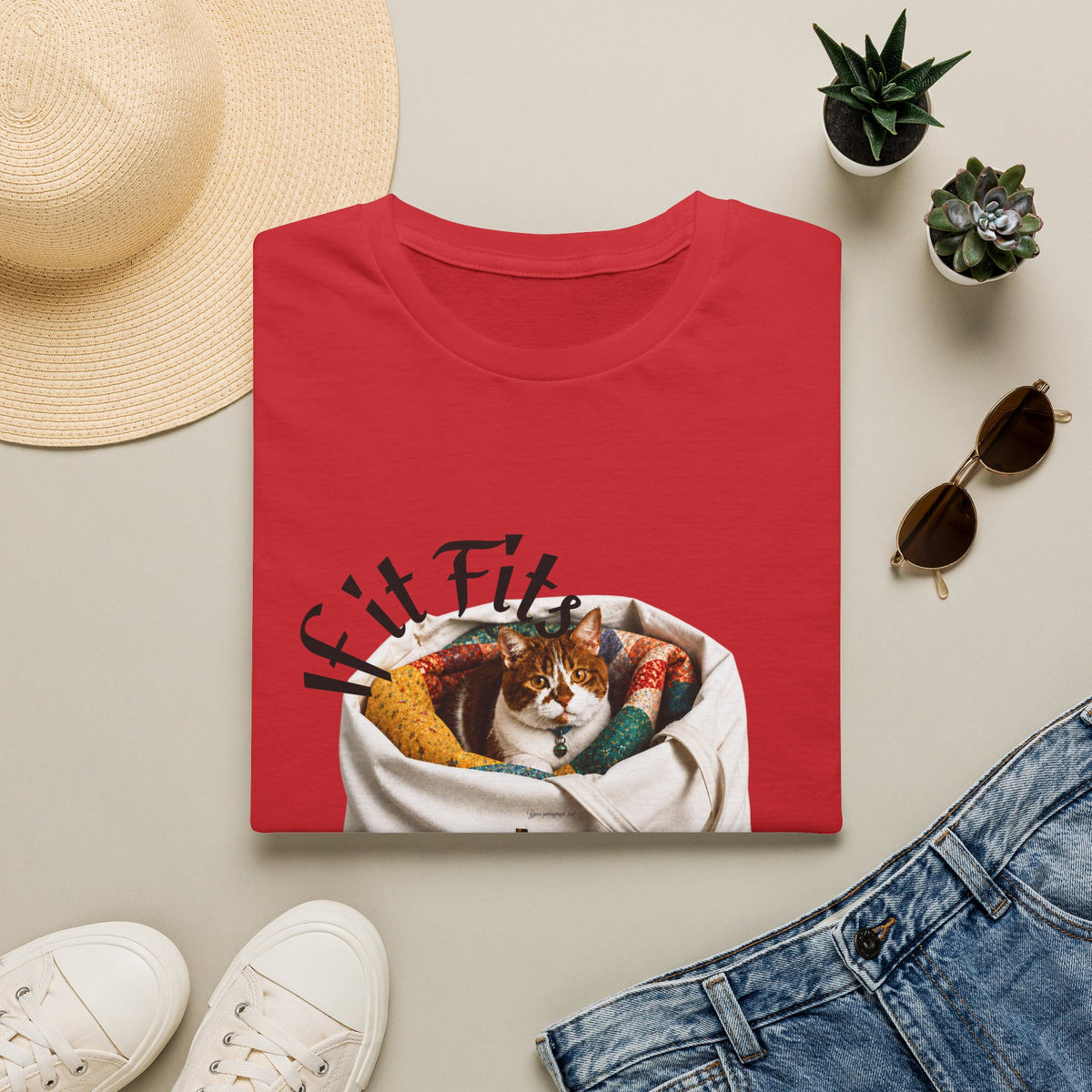 Cat Quilting Tee — "If it Fits I Sits" Graphic T-Shirt