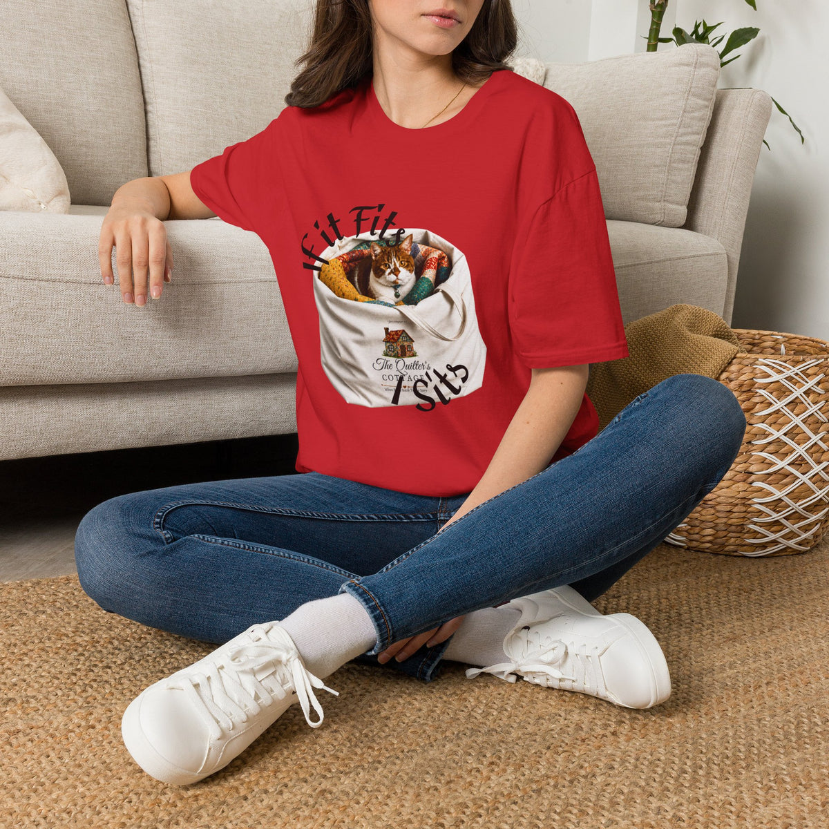 Cat Quilting Tee — "If it Fits I Sits" Graphic T-Shirt