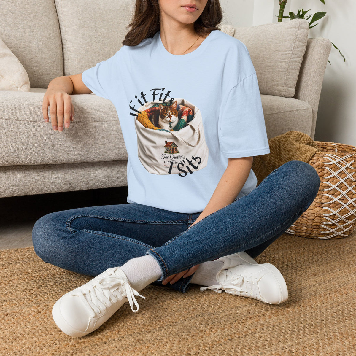 Cat Quilting Tee — "If it Fits I Sits" Graphic T-Shirt