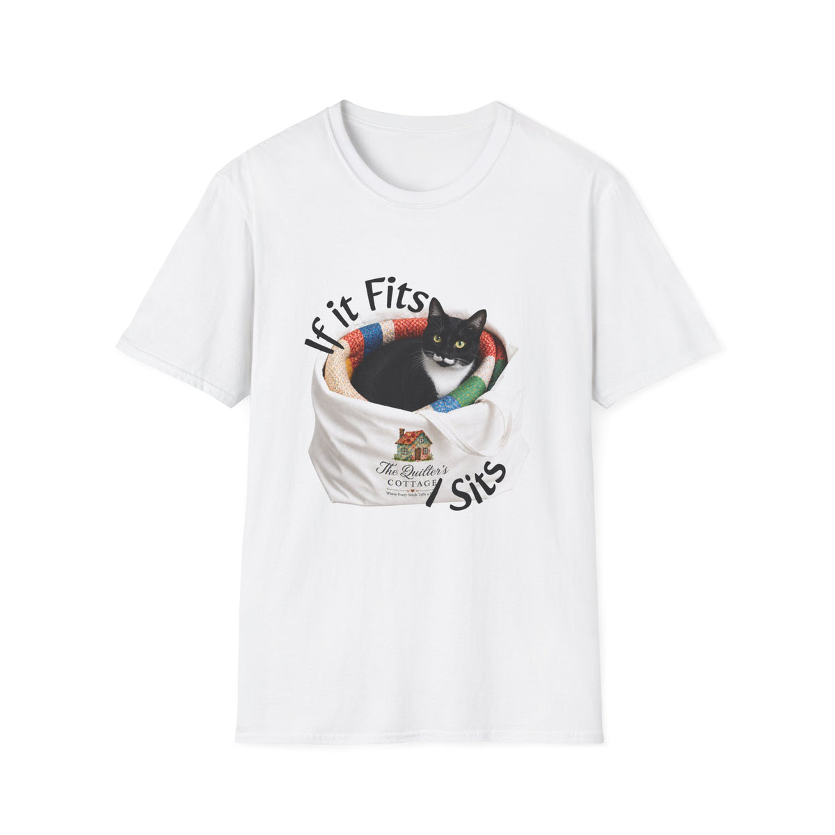 If It Fits I Sits Cat T-Shirt — Funny Black Cat in Basket Tee