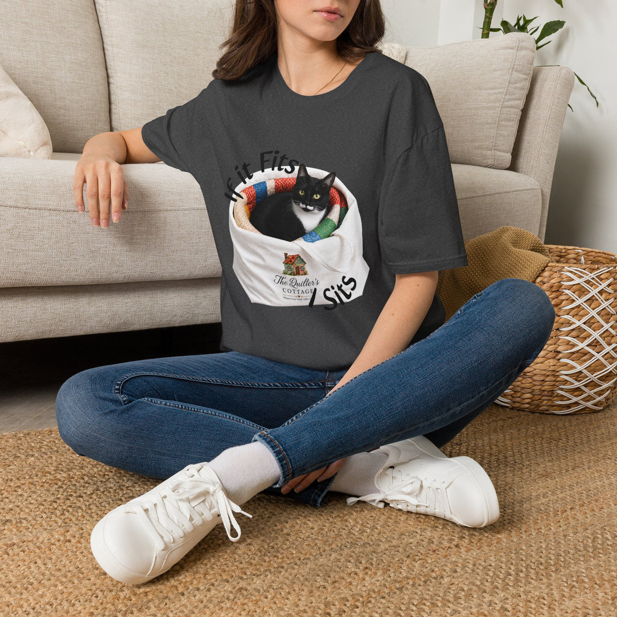 If It Fits I Sits Cat T-Shirt — Funny Black Cat in Basket Tee