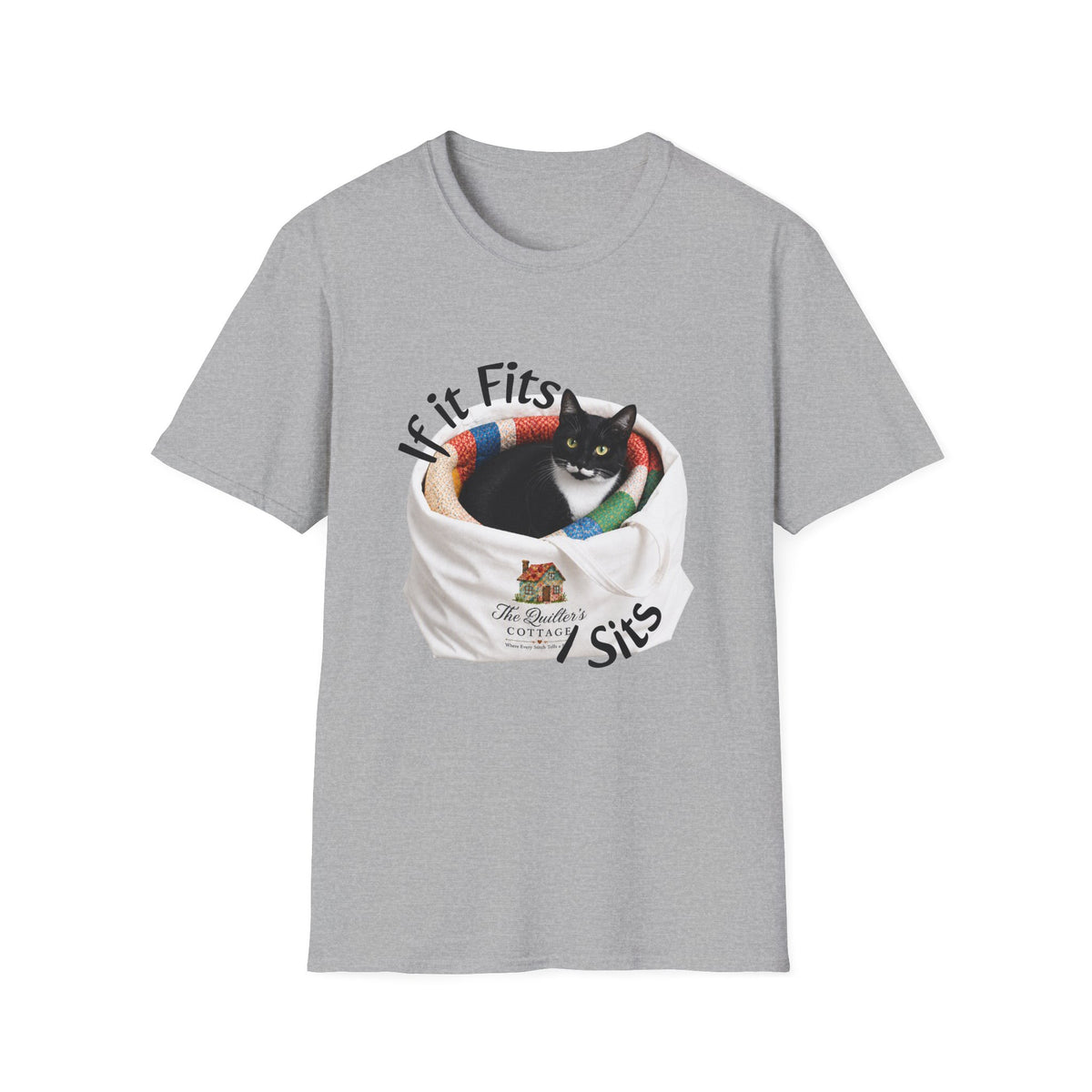 If It Fits I Sits Cat T-Shirt — Funny Black Cat in Basket Tee