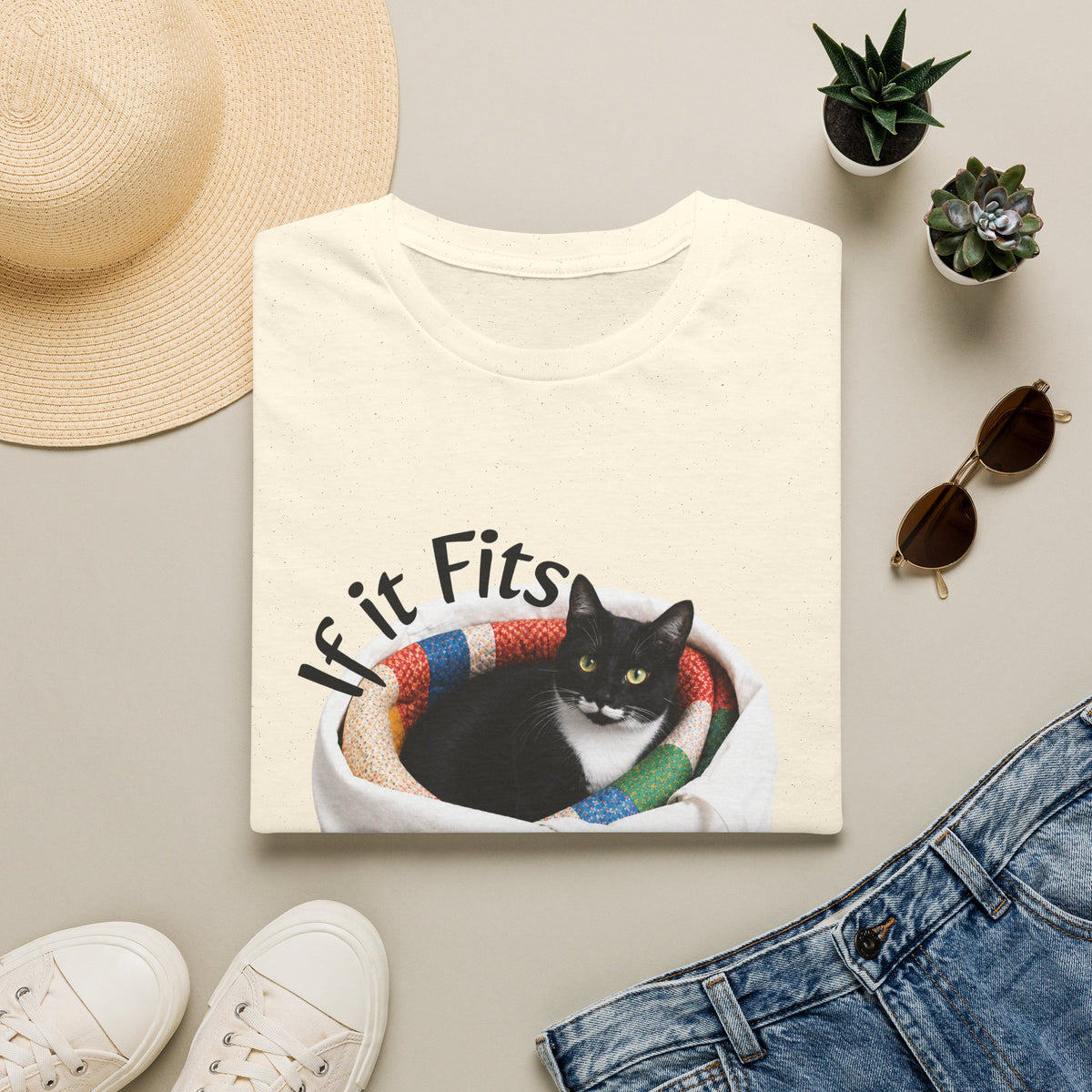 If It Fits I Sits Cat T-Shirt — Funny Black Cat in Basket Tee